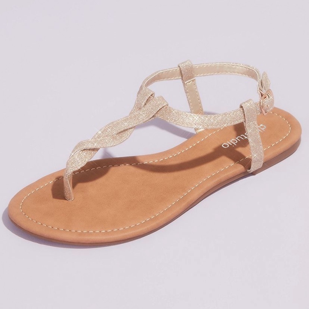 Metallic Twist T-Strap Flat Ankle Sandals